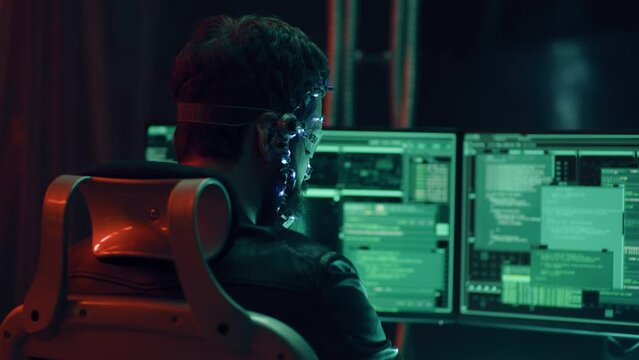 Back view of a brunette guy wearing futuristic headset with LED lights attached programs and develops code using multiple computer screen. Cyperpunk style. Sci-fi background. Neon lights.