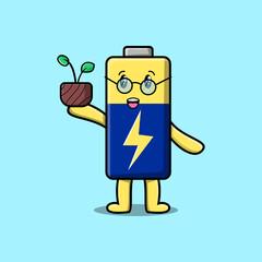 Cute cartoon illustration Battery holding plant in a pot flat modern style design 
