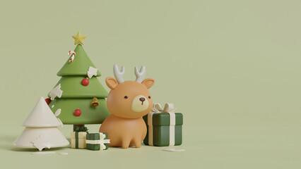 Christmas tree with raindeer and gift box on winter season. Christmas and new year background concept. 3d illustration.