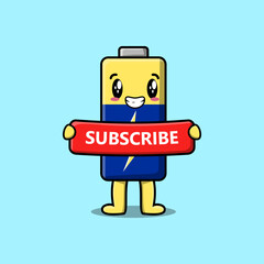 Cute cartoon Battery character holding red subscribe board
