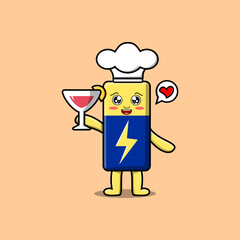 Cute cartoon Battery chef character holding wine glass flat cartoon style illustration