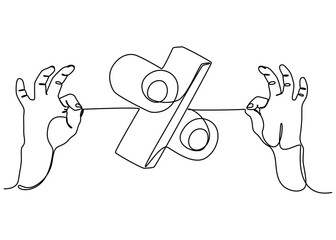 One continuous line of two hand holding a string with Percentage Sign word. Thin Line Illustration vector concept. Contour Drawing Creative ideas.