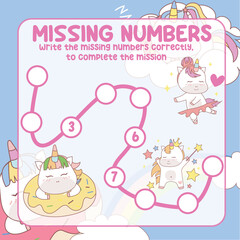 Math worksheet for kids ready to print file. Counting exercise for children kawaii unicorn. Write the missing number correctly. 