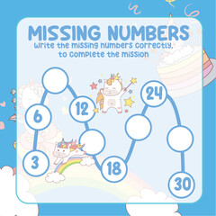 Math worksheet for kids ready to print file. Counting exercise for children kawaii unicorn. Write the missing number correctly. 