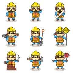 Vector illustration of Sloth character at construction site. Construction workers in various tools. Cartoon Sloth characters in hard hat working at building site vector.