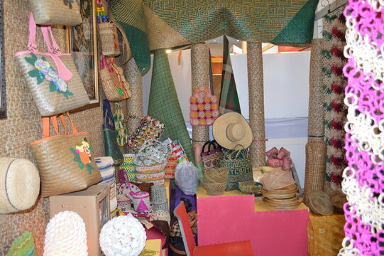 City of Jakarta, Indonesia - june 06th 2014 : exhibition of handicrafts made from the "purun" plant made into bags, mats, serving hoods