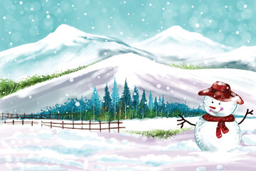 Fototapeta premium New year and christmas tree winter landscape background with snowman card design