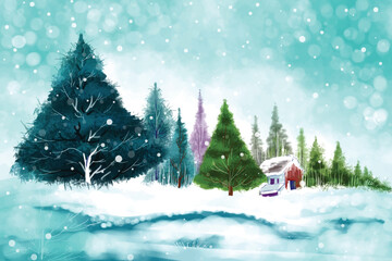 Christmas winter scenery of cold weather and frost christmas tree background