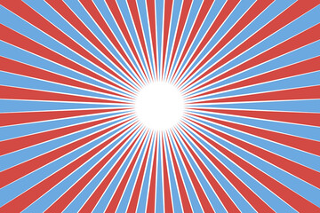 Retro circus grunge background with empty space on blue and red colorful stripes, radial pattern with sunbeam carnival background