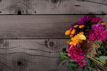 Wild Colorful Rustic Flowers Bouquet from Daisy, Chrysanthemum and Others on Wooden Rustic Table. Mothers Day, Summer and Spring Holidays Wallpaper.