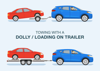 Driving a car. Towing an open car hauler trailer with vehicle on it. Side view of a red sedan car and blue suv car. Types of trailers. Flat vector illustration template.
