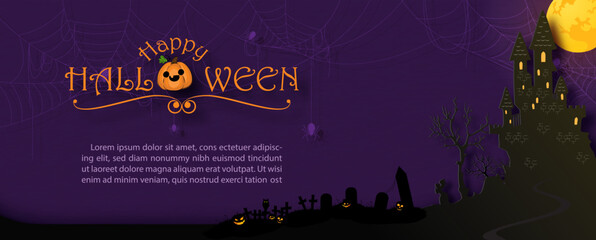 Silhouette ghost castle in Halloween atmosphere with in paper cut style and example texts on dark purple background. All in vector design.