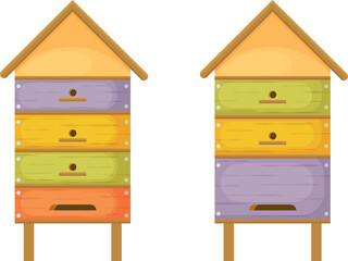 Hive. Bee hives. Two wooden beehives in the form of houses. Colorful beehives in cartoon style. Honeybee houses. Vector illustration isolated on a white background