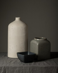 Still life vase made of white matte clay and vases of various shapes
