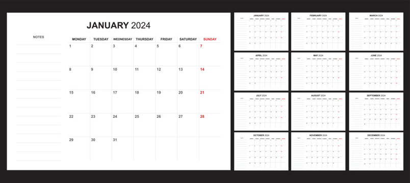 Simple set calendar 2024, start on monday
