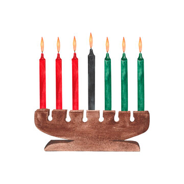 kinara watercolor, Kwanzaa. on isolated white background, hand drawn. Perfect for card design, invitation, scrapbooking, fabric printing.