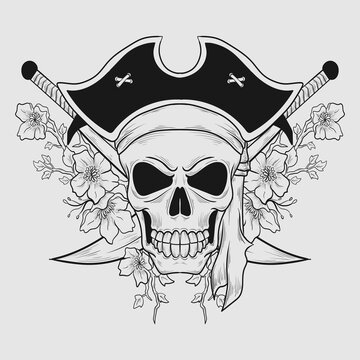 tattoo and t shirt design black and white hand drawn skull and skull pirrate engraving ornament