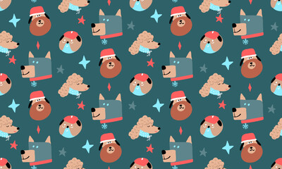 Christmas dogs seamless pattern. Winter holiday doggi blue background. For gift and wrapping paper. Kids and baby textile. Cover books.  - obrazy, fototapety, plakaty