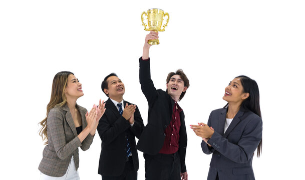 Team Of Successful People Standing Together With Trophy Received From The Work Done Proudly. Portrait On White Background With Studio Light.