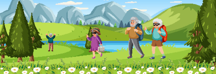 Elderly tourists in nature park