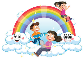 Happy children with rainbow