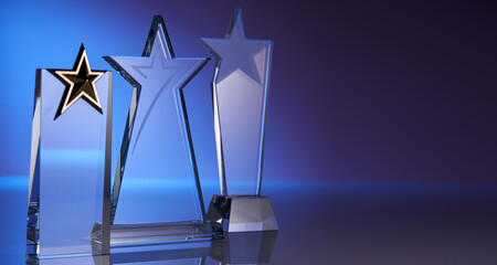 group of star shape crystal trophies against blue and pink background