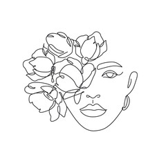 Woman Head with Flowers Line Vector Drawing. Style Template with Female Face with Flowers. Modern Minimalist Simple Linear Style. Beauty Fashion Design 