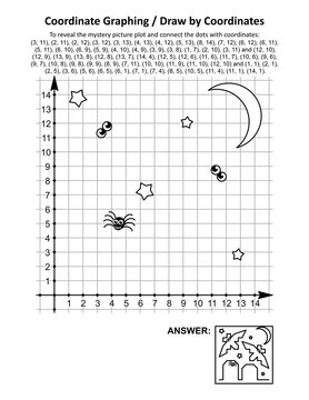 Coordinate graphing, or draw by coordinates, math worksheet with Halloween bats and tombs: To reveal the mystery picture plot and connect the dots with given coordinates. Answer included.
