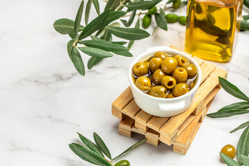 olive oil olive branch tree on light background. Long banner format