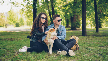 Attractive girl and her boyfriend loving dog owners are patting their pet and talking resting in...