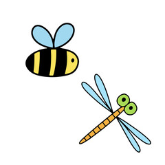 Cute bee and dragonfly isolated on white background. Funny insect for children. Flat cartoon vector illustration