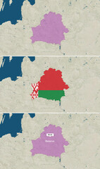 The map of Belarus with text, textless, and with flag