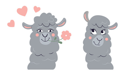 Fototapeta premium A couple of funny lamas in love. Romantic couple of cartoon animals. Cute beloved alpacas. Vector Valentines card.