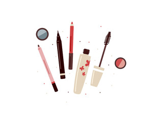 Small makeup set of lip pencil,eyeliner,eye shadow and mascara in vector