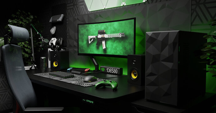 A general view of the comfortable workplace of a professional gamer and cybersprotsman. The interior is in dark colors. 3D render.