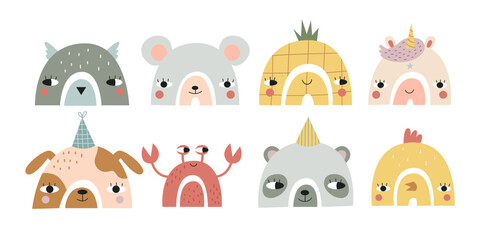 A collection of cute rainbows with animal faces. Vector illustration