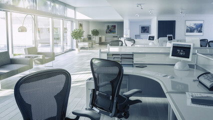 Offene Bürofläche mit Computer-Arbeitsplätzen im modernen Design - 3D Visualisierung - 539908737