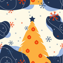 Seamless pattern with abstract spots and snowflakes. Festive flat style design for packaging and print. Vector.