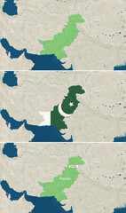 The map of Pakistan with text, textless, and with flag