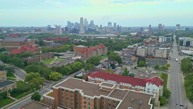 Minneapolis Skyline from University Of Minnesota Drone Shot