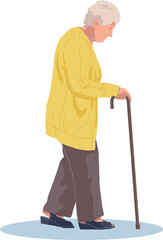 Old senior woman grey hair walking with stick side view vector illustration.