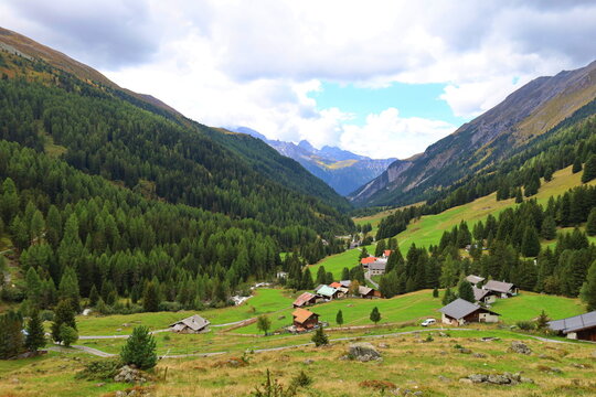 Sertig valley hiking trail leading from Berg&uuml;n to Ravais lakes in Swiss Alps, Switzerland
