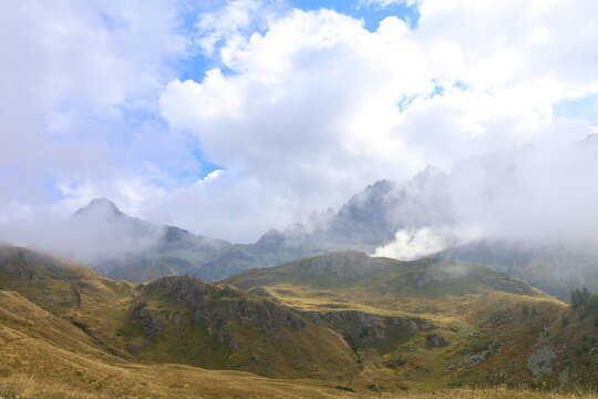 Mountain landscape of long distance hiking trail Tour Des Combins which crosses Switzerland to Italy via Bourg Saint Pierre, Fenetre Durand and Aosta Valley, TDC
