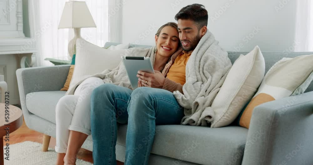 Sticker Couple, happy or tablet for communication, networking or social media app at home. Movie, video or love man and woman relax in living room streaming online, internet or website with smile in house