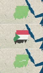 The map of Sudan with text, textless, and with flag