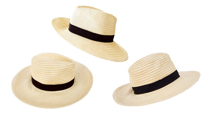 Straw hat for travel, beach, sun protection, isolated on white background.