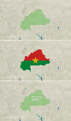 The map of Burkina Faso with text, textless, and with flag