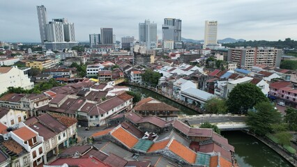 Malacca, Malaysia - October 16, 2022: Aerial View of the Malacca River Cruise