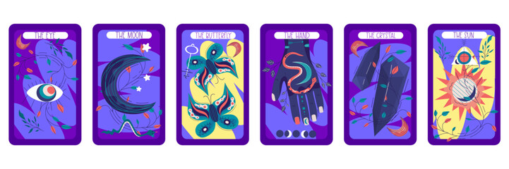 Tarot card set magic celestial design. Mystic moon vector illustration. Hand drawn vector illustration. Esoteric boho tarot card with hand, butterfly, hand, sun and moon
