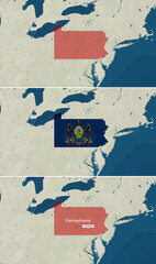 The map of Pennsylvania with text, textless, and with flag